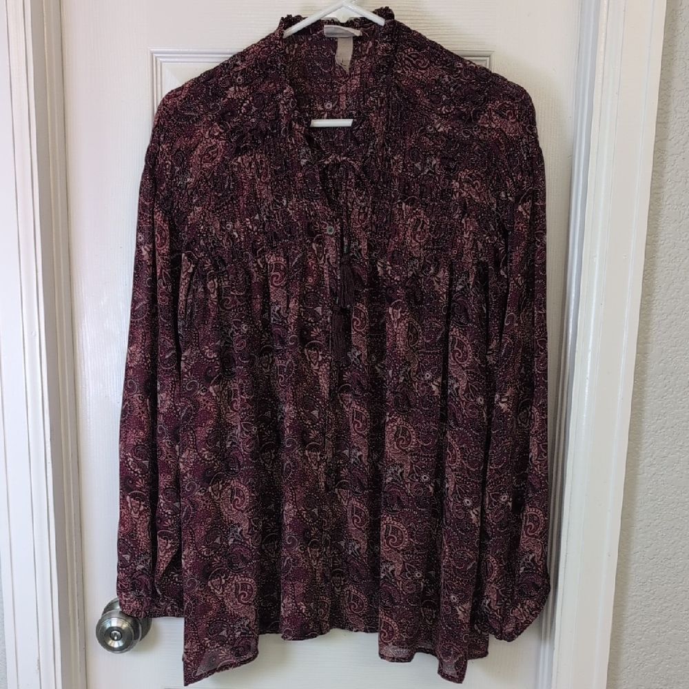 Knox Rose Burgundy Paisley Smocked Yoke Blouse